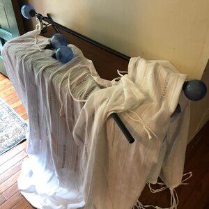 2 Sets - Pottery Barn White Cotton Curtains, Rod Iron Rods, Rings & Blue Glass F